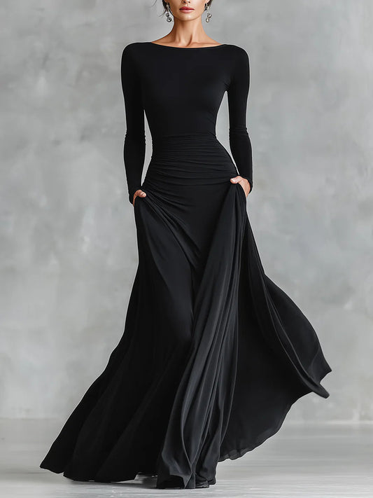 Elegante Vestido Maxi Negro para Mujeres con Cuello Barco, Manga Larga y Estilo Fruncido
