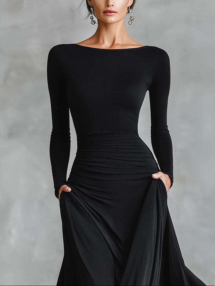 Elegante Vestido Maxi Negro para Mujeres con Cuello Barco, Manga Larga y Estilo Fruncido