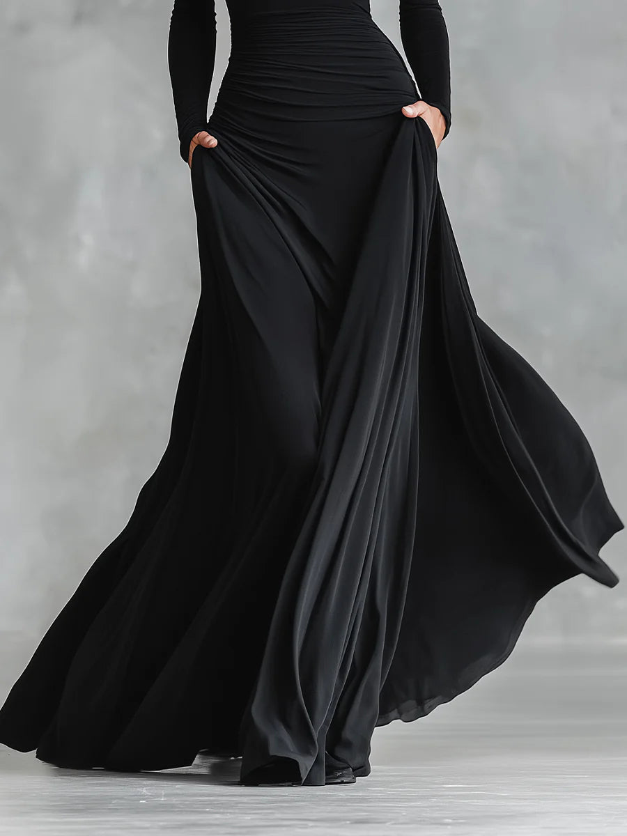 Elegante Vestido Maxi Negro para Mujeres con Cuello Barco, Manga Larga y Estilo Fruncido