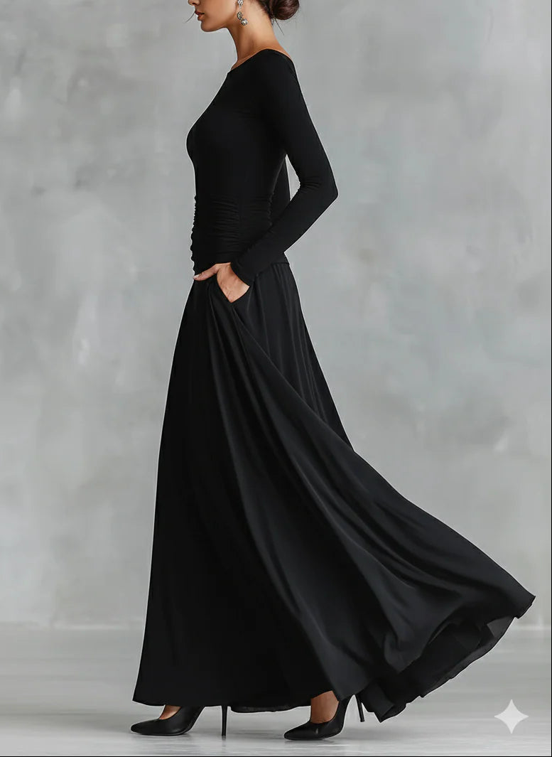 Elegante Vestido Maxi Negro para Mujeres con Cuello Barco, Manga Larga y Estilo Fruncido
