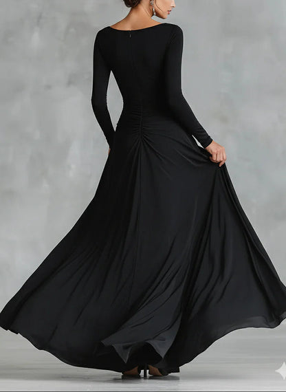 Elegante Vestido Maxi Negro para Mujeres con Cuello Barco, Manga Larga y Estilo Fruncido