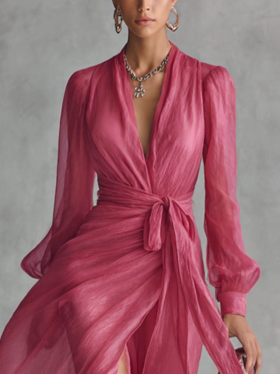 Elegante Vestido Maxi de Chifón Rosa para Mujeres con Escote en V, Mangas Obispo, Cintura Ajustable y Alta Abertura en Estilo Fluido