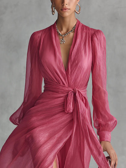 Elegante Vestido Maxi de Chifón Rosa para Mujeres con Escote en V, Mangas Obispo, Cintura Ajustable y Alta Abertura en Estilo Fluido