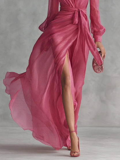Elegante Vestido Maxi de Chifón Rosa para Mujeres con Escote en V, Mangas Obispo, Cintura Ajustable y Alta Abertura en Estilo Fluido