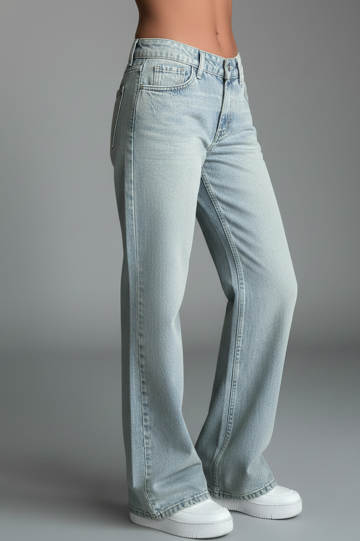 Jeans Elegantes de Color Azul Claro para Mujeres con Detalle de Cintura Alta y Cordón, Estilo Casual de Pierna Ancha