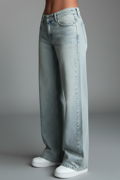 Jeans Elegantes de Color Azul Claro para Mujeres con Detalle de Cintura Alta y Cordón, Estilo Casual de Pierna Ancha