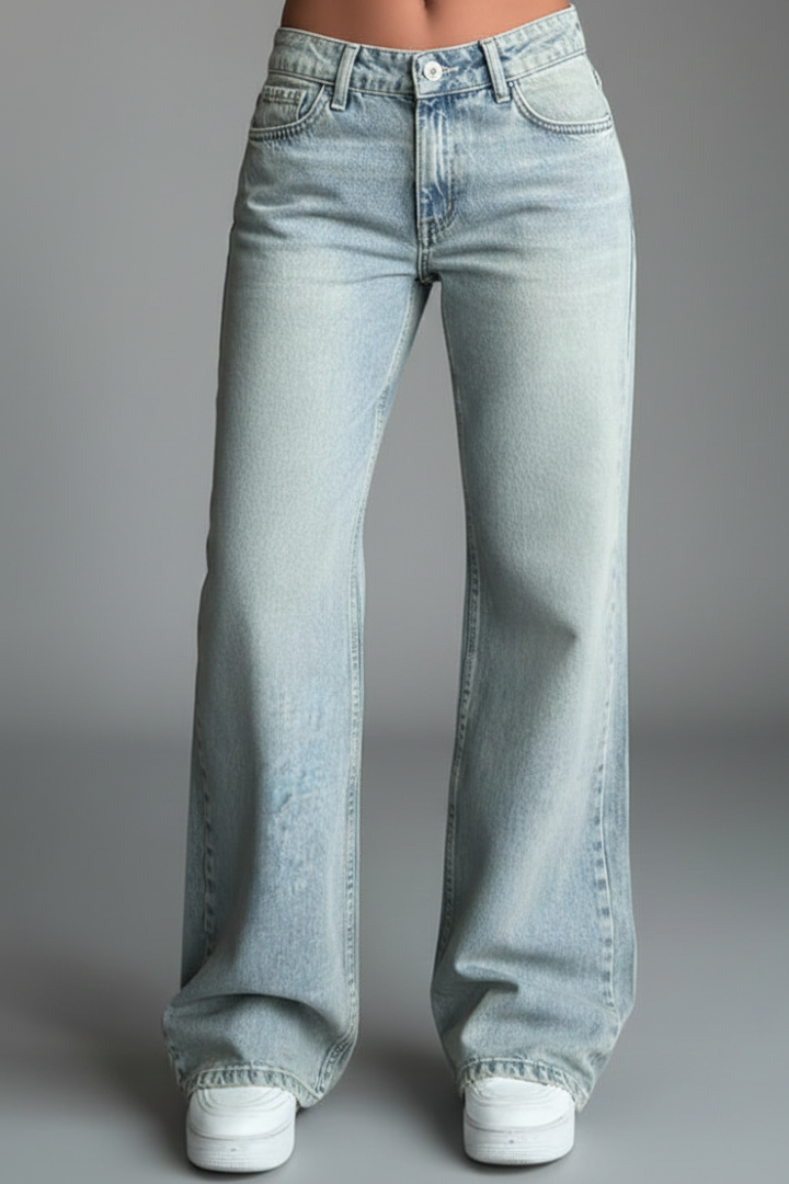 Jeans Elegantes de Color Azul Claro para Mujeres con Detalle de Cintura Alta y Cordón, Estilo Casual de Pierna Ancha