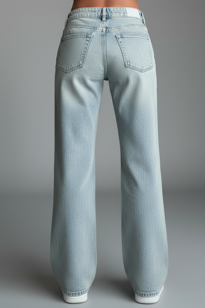 Jeans Elegantes de Color Azul Claro para Mujeres con Detalle de Cintura Alta y Cordón, Estilo Casual de Pierna Ancha