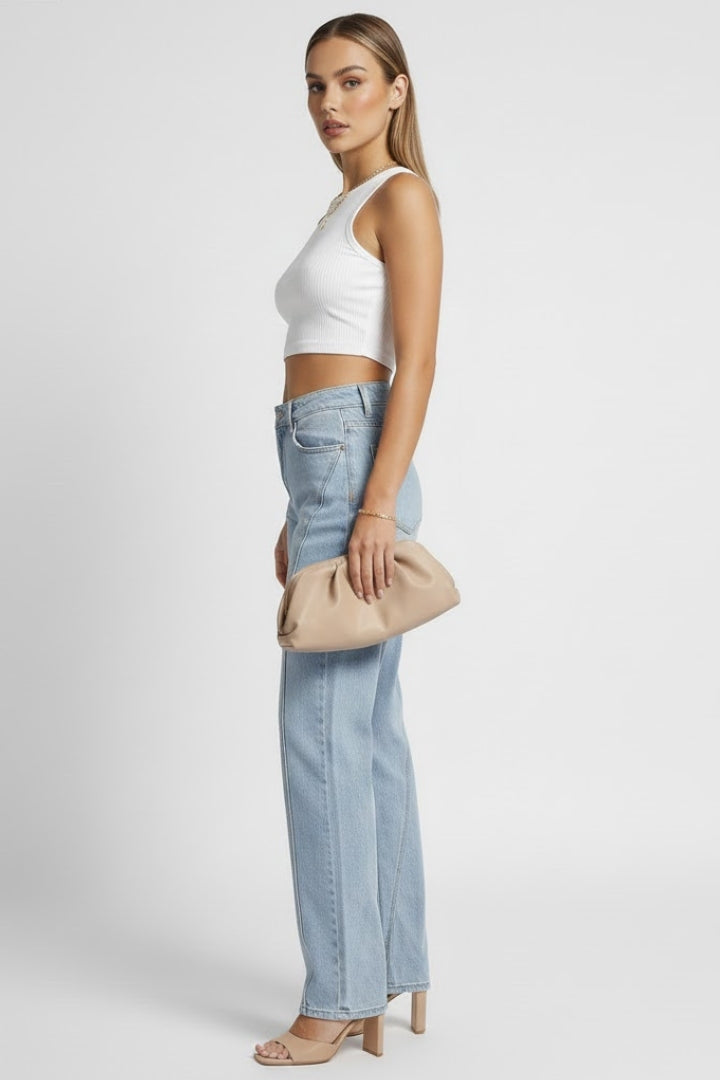 Jeans de Pierna Ancha Azul Relajados y Sin Esfuerzo para Mujeres con Cintura Alta y Estilo Recto