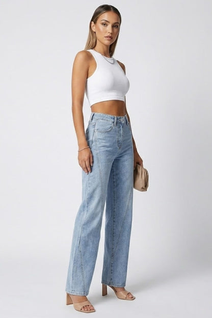 Jeans de Pierna Ancha Azul Relajados y Sin Esfuerzo para Mujeres con Cintura Alta y Estilo Recto