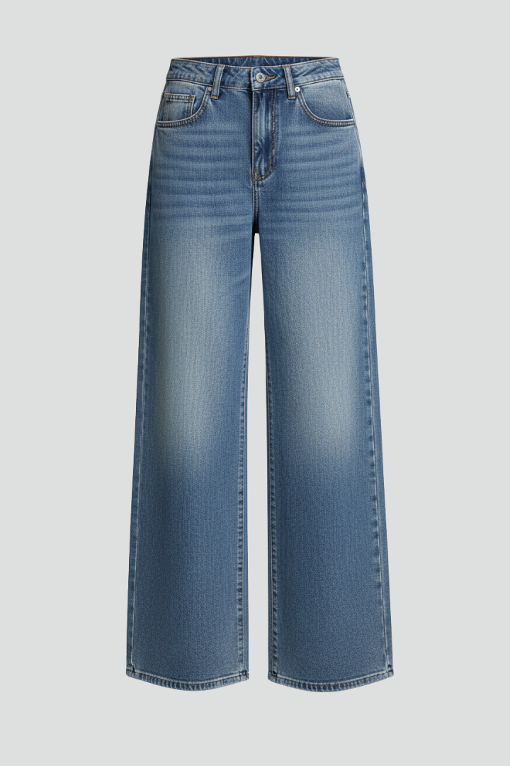 Jeans Azules Elegantes para Mujeres con Tiro Medio, Corte Amplio y Estilo Casual de Cinco Bolsillos