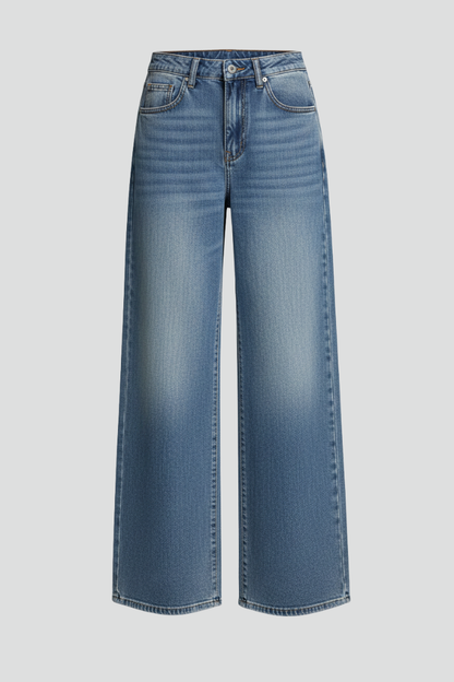 Jeans Azules Elegantes para Mujeres con Tiro Medio, Corte Amplio y Estilo Casual de Cinco Bolsillos