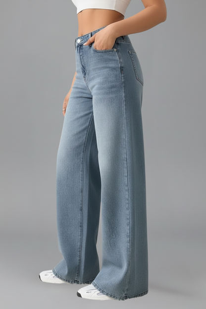 Jeans Anchos y Elegantes para Mujeres con Cintura Alta, Corte Relajado y Pierna Recta Estilo Casual de Mezclilla Azul