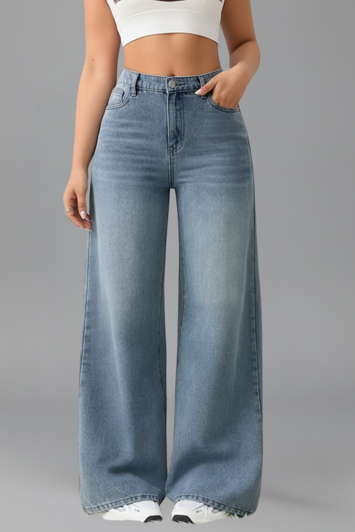 Jeans Anchos y Elegantes para Mujeres con Cintura Alta, Corte Relajado y Pierna Recta Estilo Casual de Mezclilla Azul