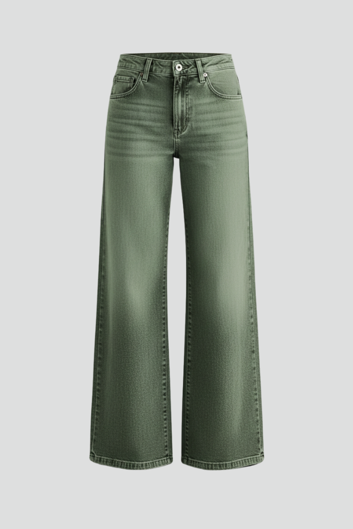 Jeans Verdes Ejército Elegantes para Mujeres con Cintura Alta, Pierna Ancha, Corte Relajado y Estilo Casual