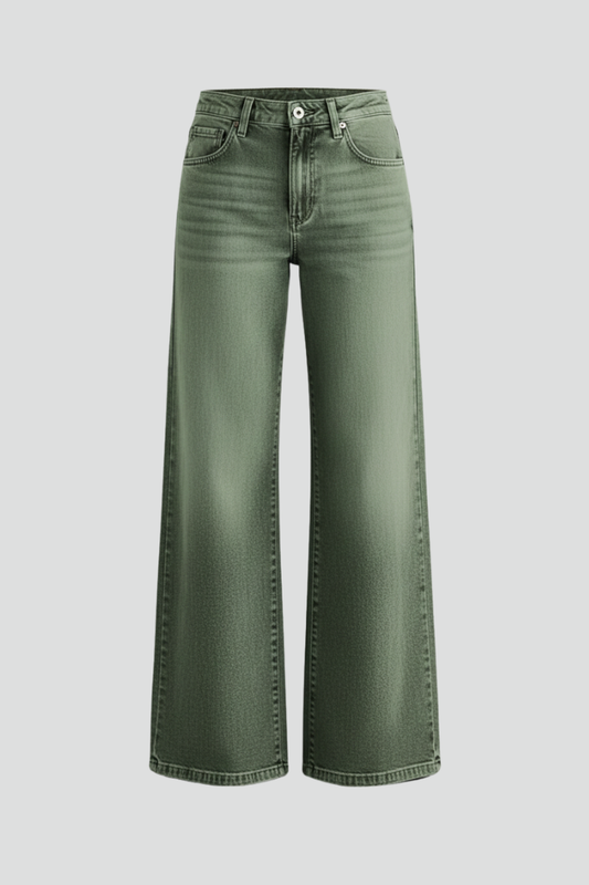 Jeans Verdes Ejército Elegantes para Mujeres con Cintura Alta, Pierna Ancha, Corte Relajado y Estilo Casual