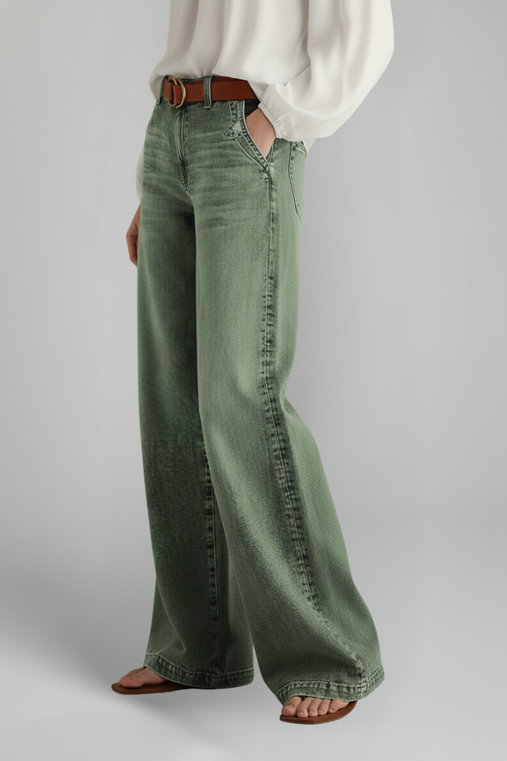 Jeans Verdes Ejército Elegantes para Mujeres con Cintura Alta, Pierna Ancha, Corte Relajado y Estilo Casual