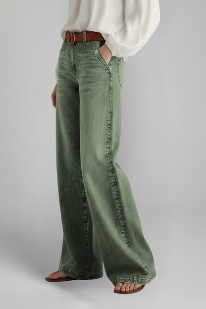 Jeans Verdes Ejército Elegantes para Mujeres con Cintura Alta, Pierna Ancha, Corte Relajado y Estilo Casual