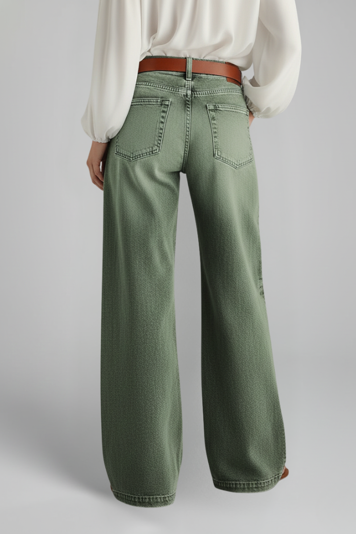 Jeans Verdes Ejército Elegantes para Mujeres con Cintura Alta, Pierna Ancha, Corte Relajado y Estilo Casual