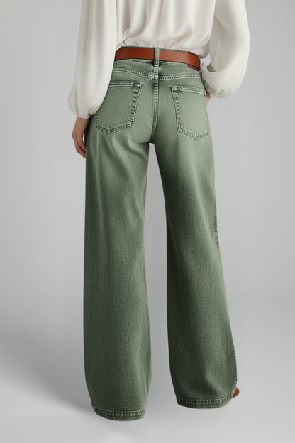Jeans Verdes Ejército Elegantes para Mujeres con Cintura Alta, Pierna Ancha, Corte Relajado y Estilo Casual