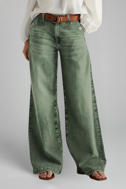 Jeans Verdes Ejército Elegantes para Mujeres con Cintura Alta, Pierna Ancha, Corte Relajado y Estilo Casual