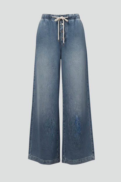 Jeans Azul Claro Sin Esfuerzo para Mujeres con Cintura Elástica y Cordón, Estilo Casual de Pierna Ancha Relajada