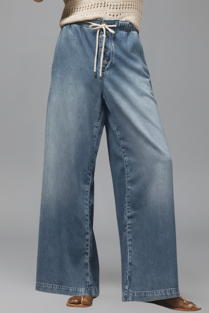 Jeans Azul Claro Sin Esfuerzo para Mujeres con Cintura Elástica y Cordón, Estilo Casual de Pierna Ancha Relajada