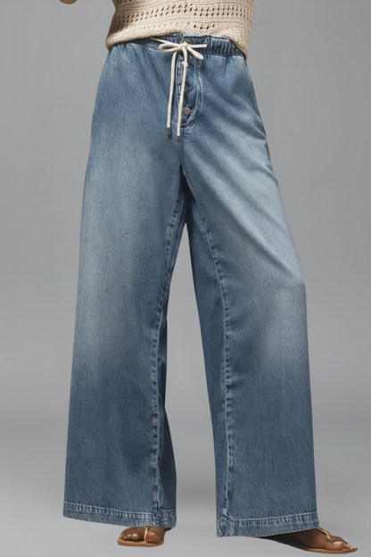 Jeans Azul Claro Sin Esfuerzo para Mujeres con Cintura Elástica y Cordón, Estilo Casual de Pierna Ancha Relajada
