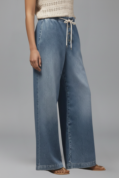 Jeans Azul Claro Sin Esfuerzo para Mujeres con Cintura Elástica y Cordón, Estilo Casual de Pierna Ancha Relajada