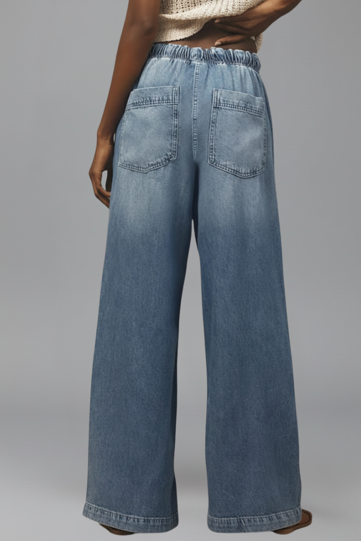 Jeans Azul Claro Sin Esfuerzo para Mujeres con Cintura Elástica y Cordón, Estilo Casual de Pierna Ancha Relajada