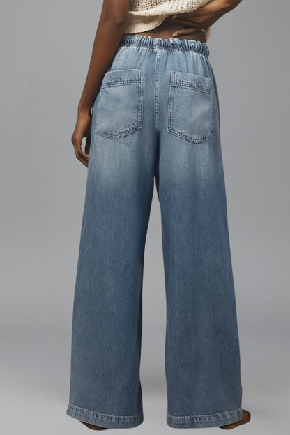 Jeans Azul Claro Sin Esfuerzo para Mujeres con Cintura Elástica y Cordón, Estilo Casual de Pierna Ancha Relajada