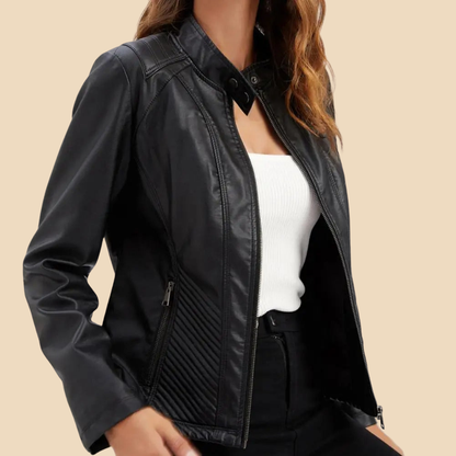 Chaqueta de Moto de Cuero Sintético Elegante para Mujeres con Cuello Alto y Manga Larga, Estilo con Cierre Frontal Acolchado