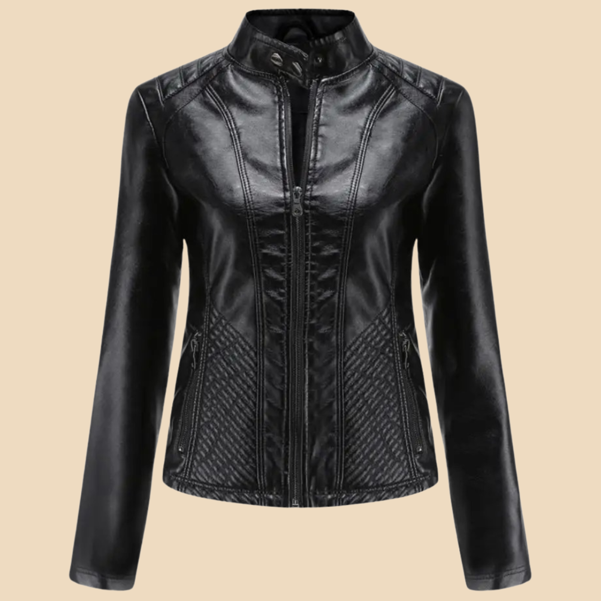 Chaqueta de Moto de Cuero Sintético Elegante para Mujeres con Cuello Alto y Manga Larga, Estilo con Cierre Frontal Acolchado