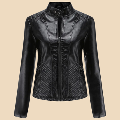 Chaqueta de Moto de Cuero Sintético Elegante para Mujeres con Cuello Alto y Manga Larga, Estilo con Cierre Frontal Acolchado