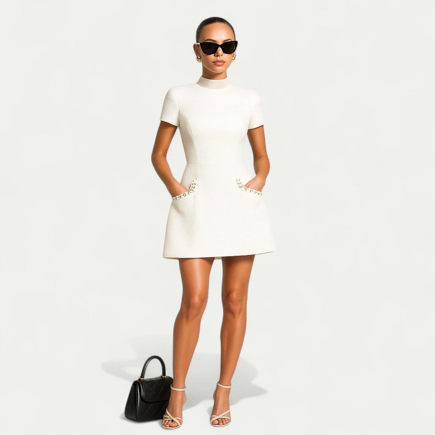 Vestido Mini de Tweed Elegante para Mujeres con Cuello Embellecido con Perlas y Mangas Cortas Estilo Bodycon para Cócteles
