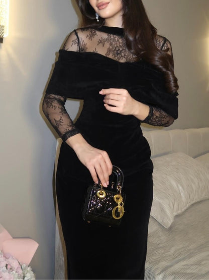 Elegante Vestido Maxi de Terciopelo Negro para Mujeres con Cuello Alto, Mangas Largas de Encaje y Cuerpo Fruncido, Estilo Formal para Invitadas de Boda