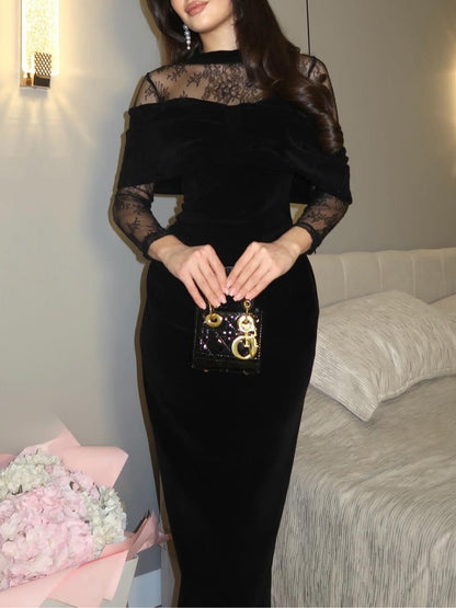 Elegante Vestido Maxi de Terciopelo Negro para Mujeres con Cuello Alto, Mangas Largas de Encaje y Cuerpo Fruncido, Estilo Formal para Invitadas de Boda