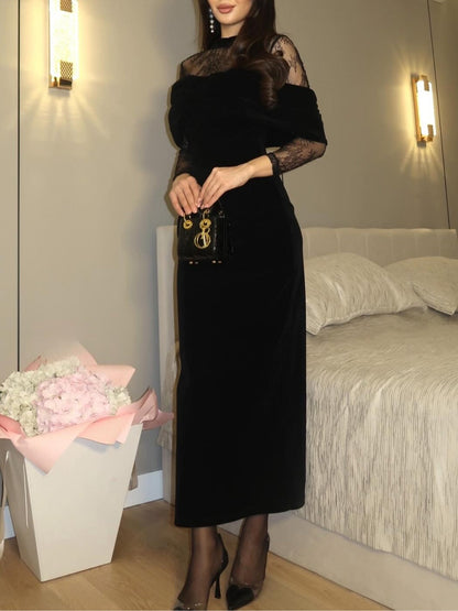 Elegante Vestido Maxi de Terciopelo Negro para Mujeres con Cuello Alto, Mangas Largas de Encaje y Cuerpo Fruncido, Estilo Formal para Invitadas de Boda