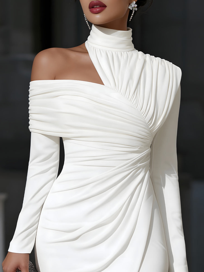 Elegante Vestido Midi Arrugado Blanco para Mujeres con Cuello Halter y Mangas Largas Off Shoulder Estilo Bodycon Cóctel