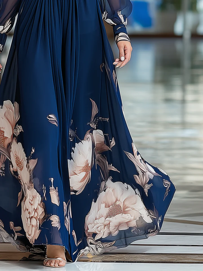 Elegante Vestido Maxi Floral Marino para Mujeres con Escote en V y Mangas Largas Transparentes para Invitadas de Boda