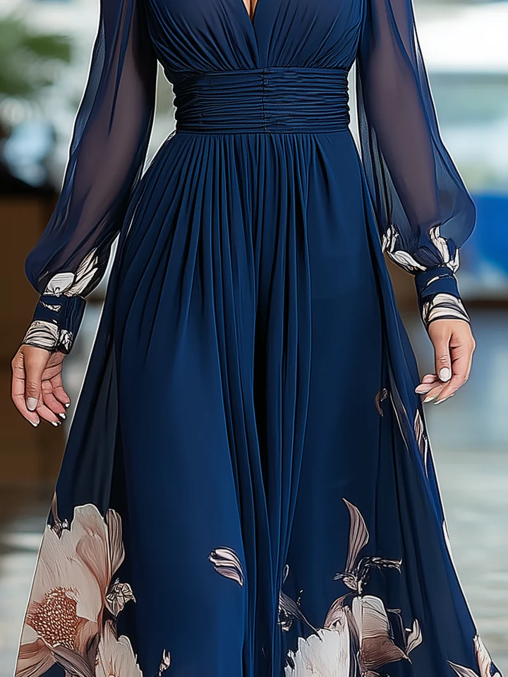 Elegante Vestido Maxi Floral Marino para Mujeres con Escote en V y Mangas Largas Transparentes para Invitadas de Boda