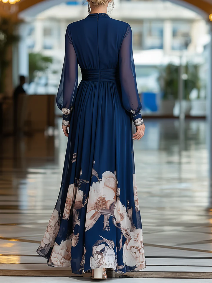 Elegante Vestido Maxi Floral Marino para Mujeres con Escote en V y Mangas Largas Transparentes para Invitadas de Boda
