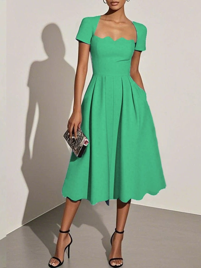 Elegante Vestido Midi Negro para Mujeres con Escote Corazón con Borde Ondulado, Manga Corta, Estilo Fit and Flare para Cócteles