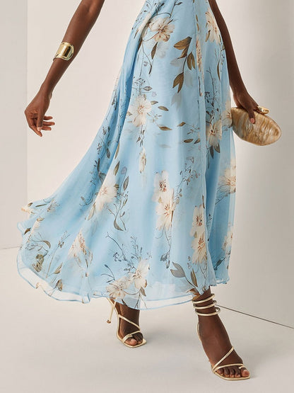 Elegante Vestido Maxi Floral Azul Claro para Mujeres con Un Hombro Fruncido y Estilo Formal para Invitadas de Bodas