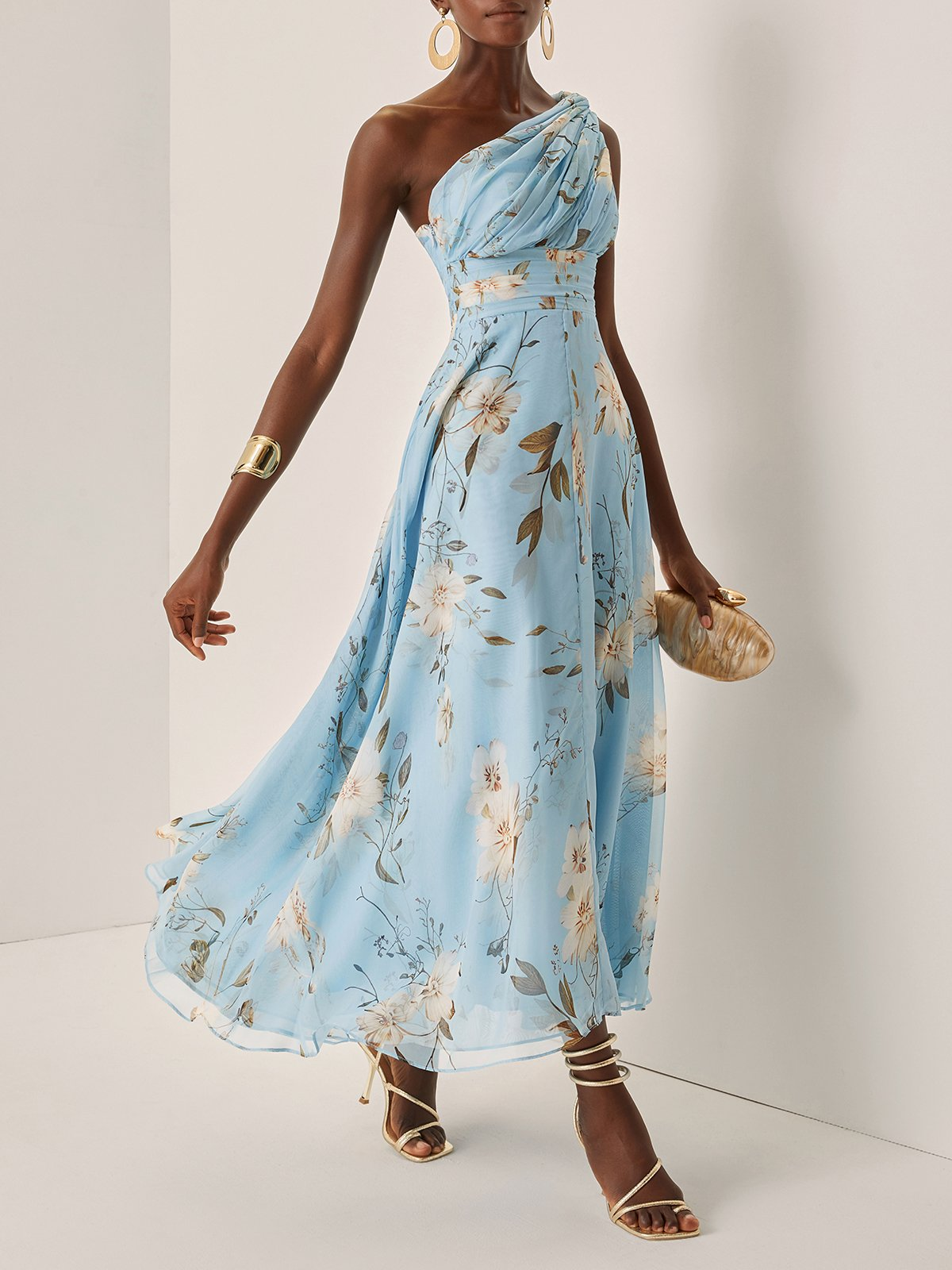Elegante Vestido Maxi Floral Azul Claro para Mujeres con Un Hombro Fruncido y Estilo Formal para Invitadas de Bodas