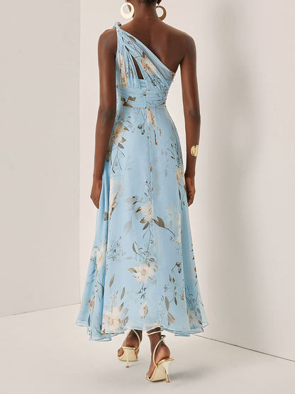 Elegante Vestido Maxi Floral Azul Claro para Mujeres con Un Hombro Fruncido y Estilo Formal para Invitadas de Bodas