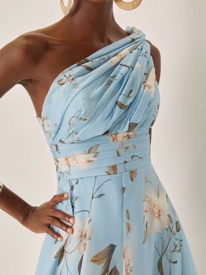 Elegante Vestido Maxi Floral Azul Claro para Mujeres con Un Hombro Fruncido y Estilo Formal para Invitadas de Bodas