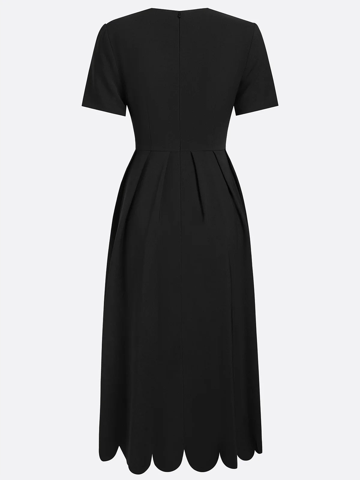 Elegante Vestido Midi Negro para Mujeres con Escote Corazón con Borde Ondulado, Manga Corta, Estilo Fit and Flare para Cócteles
