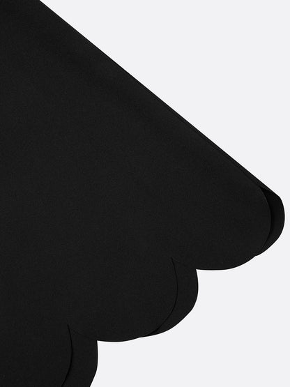 Elegante Vestido Midi Negro para Mujeres con Escote Corazón con Borde Ondulado, Manga Corta, Estilo Fit and Flare para Cócteles