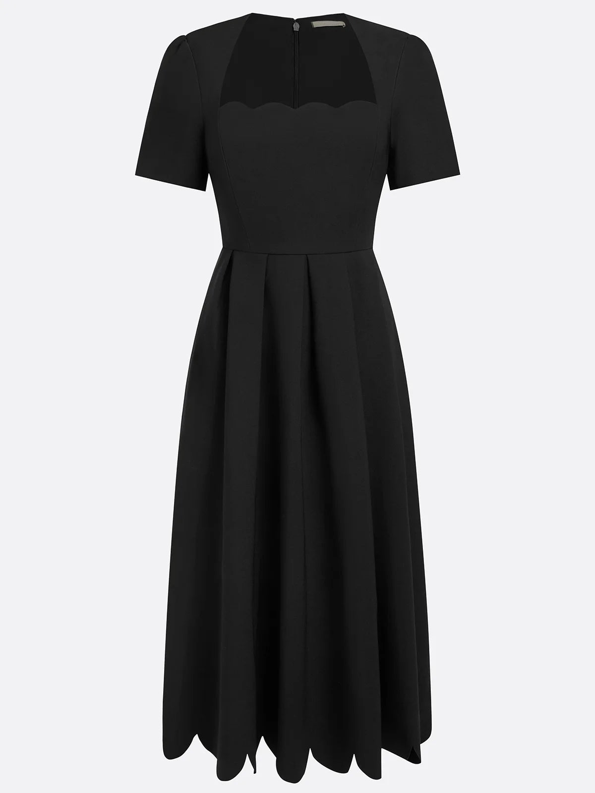 Elegante Vestido Midi Negro para Mujeres con Escote Corazón con Borde Ondulado, Manga Corta, Estilo Fit and Flare para Cócteles